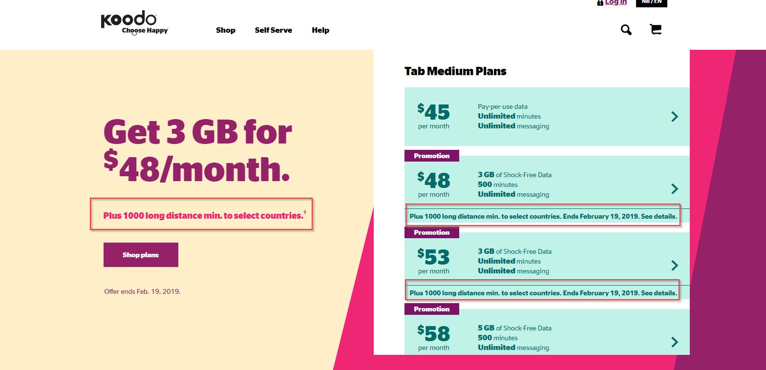 [Koodo] Koodo 1000 long distance min to select countries on tab medium