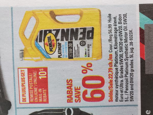  Canadian Tire Pennzoil Synthetic Oil 5L For Only 22 79 10 Mail In 