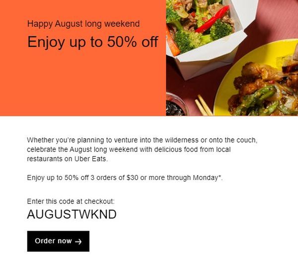 [Uber Eats] 50 off 3 orders of 30 or more through Monday