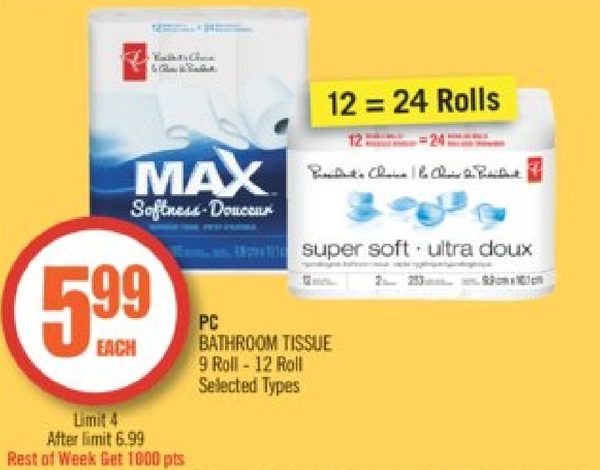 [Shoppers Drug Mart] 12=24 pack PC Toilet paper 4.99+2000 PCO points ...