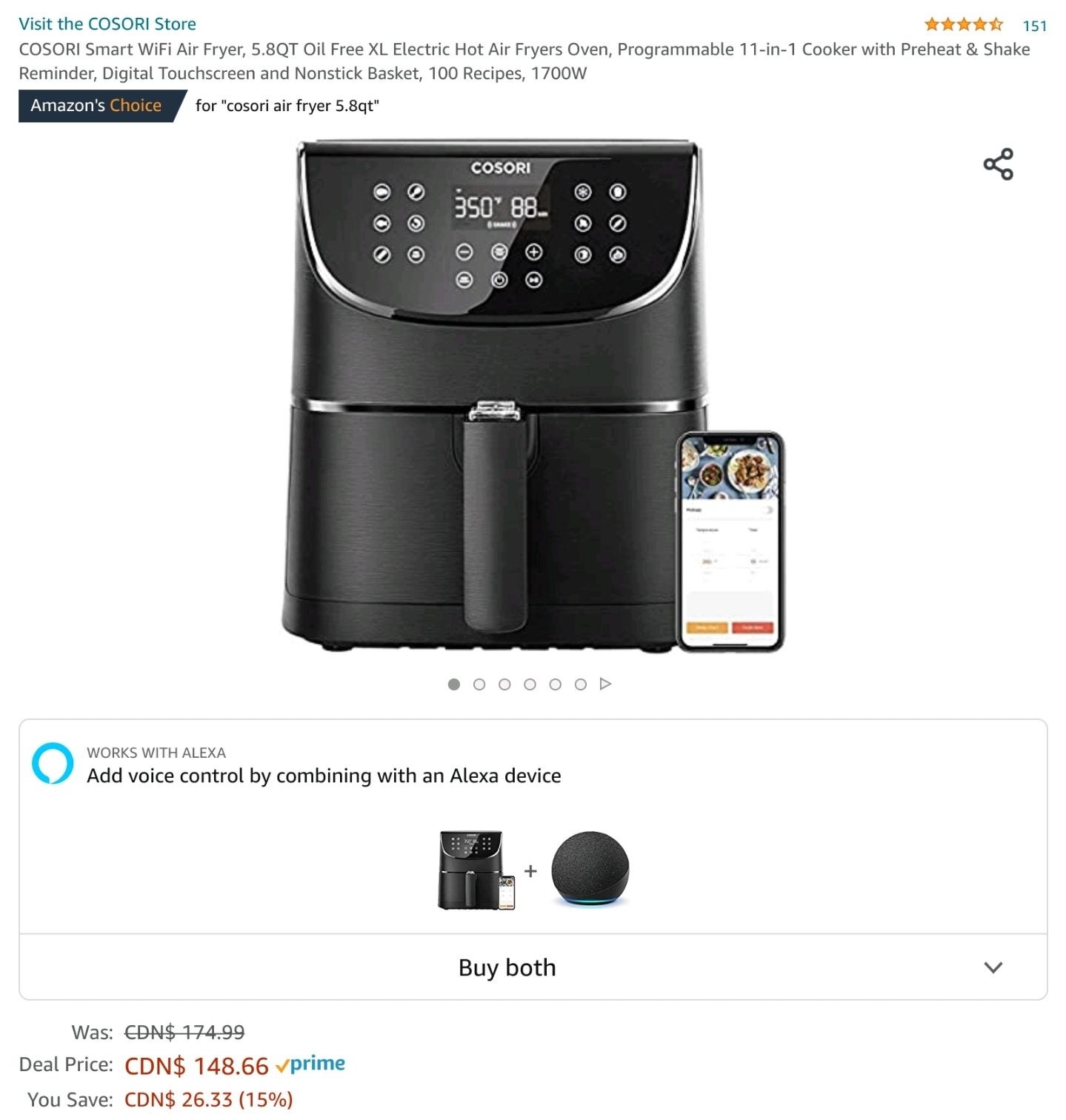 Cosori Smart WiFi 5.8 Quart Air Fryer 