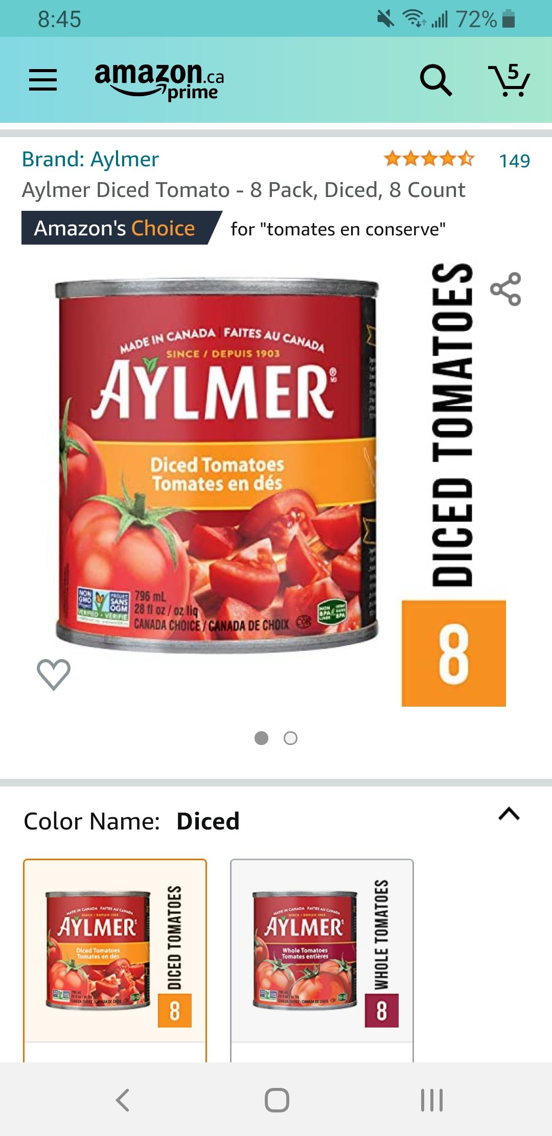 [Amazon.ca] Aylmer Diced tomatoes 8 pack 8.70 with SS RedFlagDeals