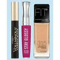 L'oréal Voluminous Mascara, Rimmel London Stay Glossy Lip Gloss or Maybelline New York Fit Me Makeup Products