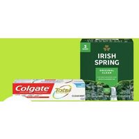 Colgate Total Toothpaste or Stain Fighter Speed Stick Deodorant or Antiperspirant Irish Spring Bar Soap or Softsoap Hand Soap Pump 