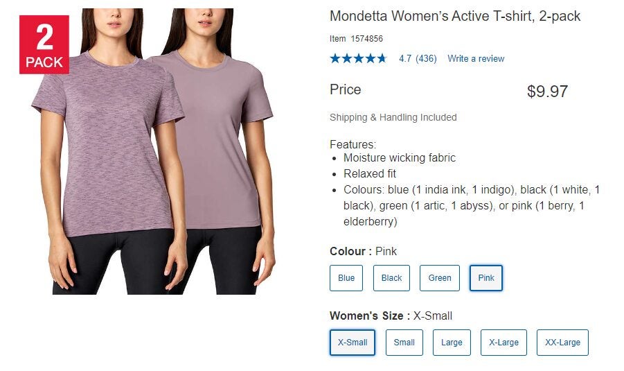 Mondetta Women's Top Size S 2-Pack Active Comfort Tee Pink