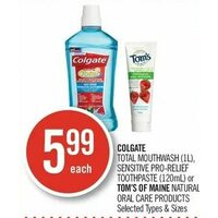 Colgate Total Mouthwash, Sensitive Pro-Relief Toothpaste Or Tom's of Maine Natural Oral Care Products