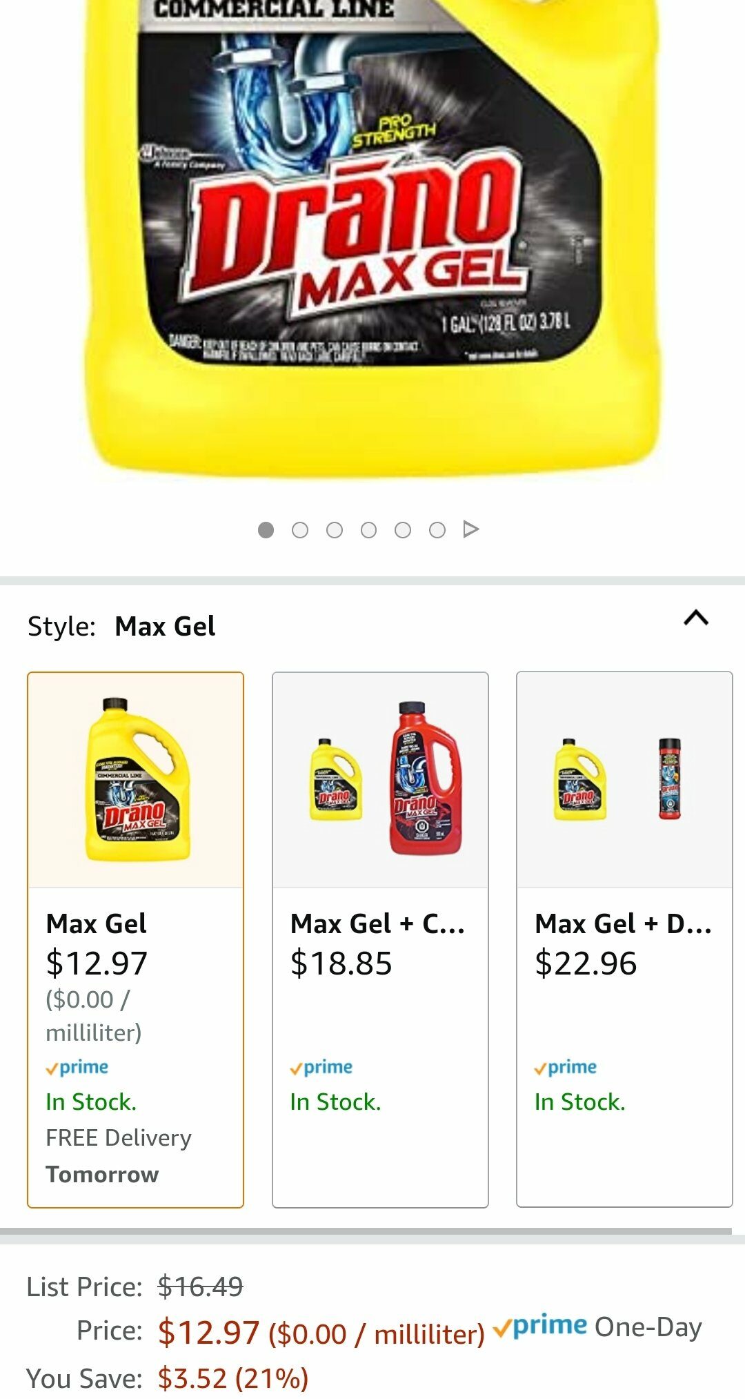 [Amazon.ca] Drano Max Gel Drain Clog Remover and Cleaner, 3.78L - $10. ...