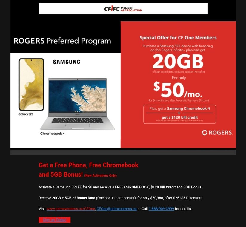 [Prime Wireless Rogers] CFONE Members 45/25gb + S22 & Free Chromebook
