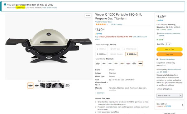 [Amazon.ca] [Black Friday] Weber Q 1200 Portable BBQ Grill, Propane Gas