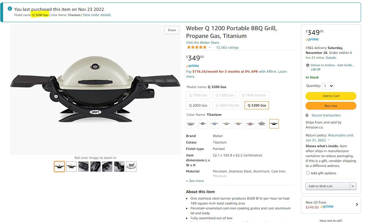 [Amazon.ca] [Black Friday] er Q 1200 Portable BBQ Grill, Propane Gas