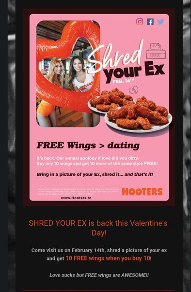 hooters valentines day shred your ex 2025