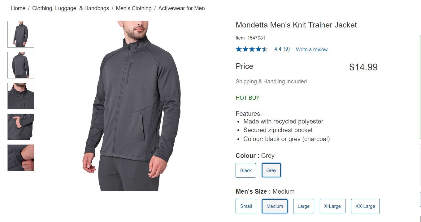Costco] Mondetta Men's Knit Trainer Jacket Black & Grey $14.99