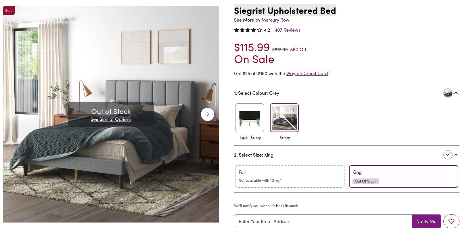 [Wayfair.ca] King size upholstered bed with headboard (grey only