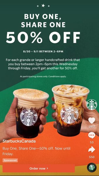 Starbucks BOGO 50 Off Handcrafted Drinks from 2pm 6pm till