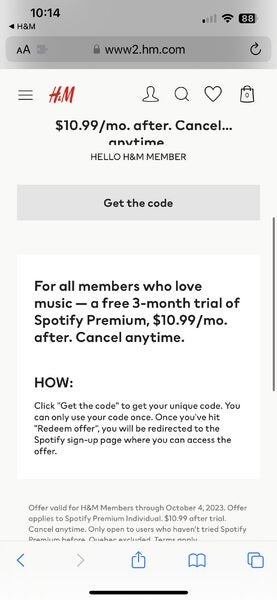H&M] Get Free 3 MONTHS of Spotify premium - H&M Membership