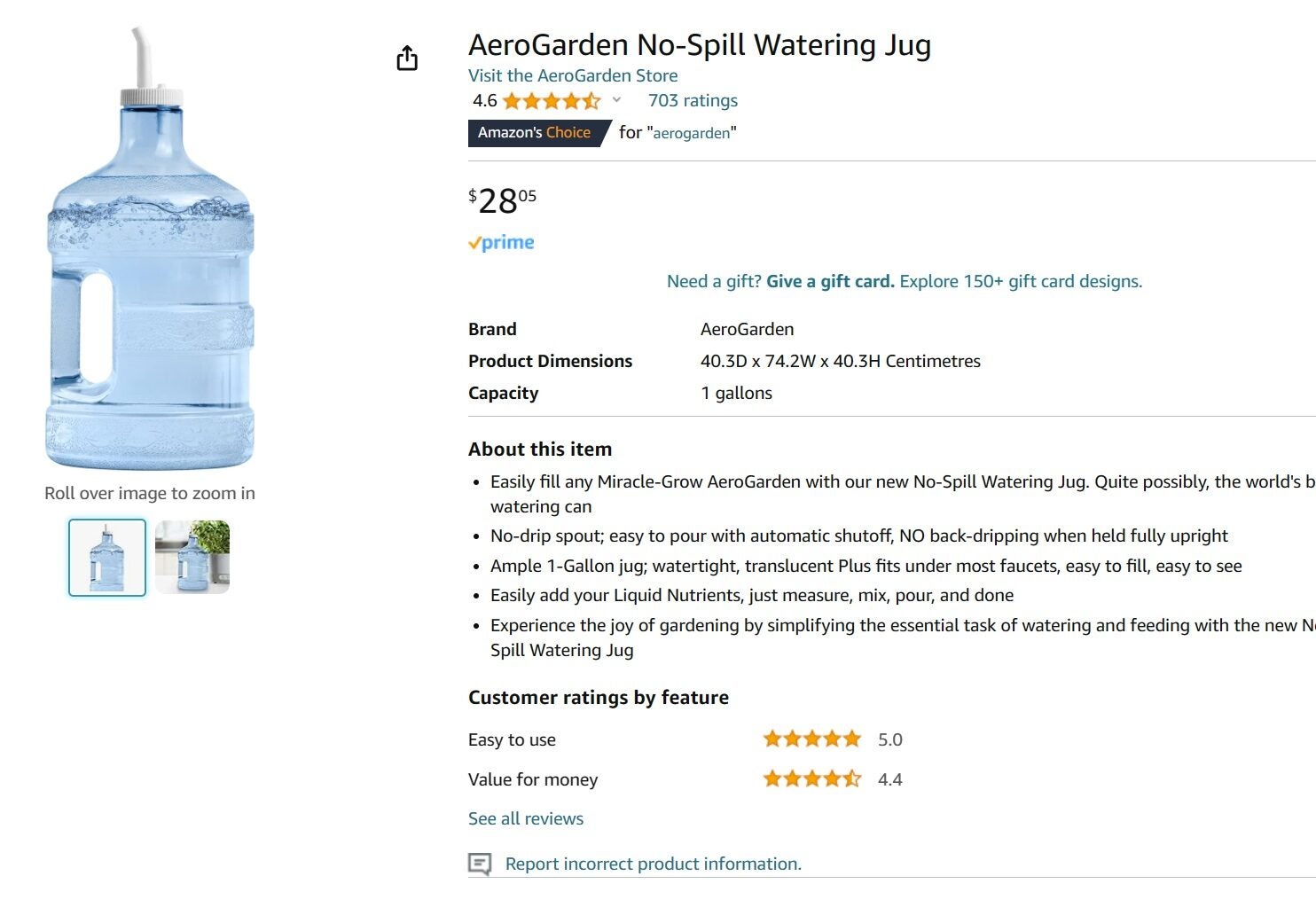 AeroGarden No-Spill Watering Jug