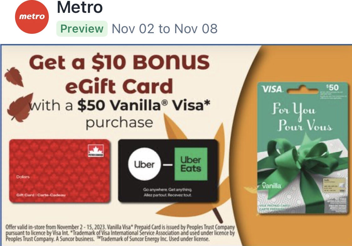 Foodbasics] [Metro][ON]Big & HUGE Offer: Buy $50 Vanilla Visa (+$4.95 Fee &  Taxes), Get $10 Petro Canada or UE/Uber E-GC (Nov. 2-15) - RedFlagDeals.com  Forums