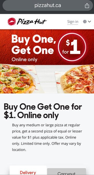 [Pizza Hut] Buy One Get One for $1 - only orders only - RedFlagDeals ...