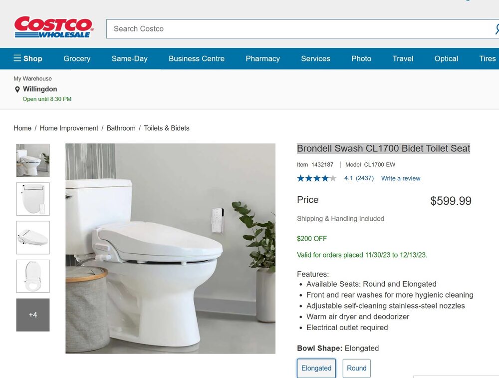 [Costco] Brondell Swash CL1700 Bidet Toilet Seat 400 Reg 600 Isn't it