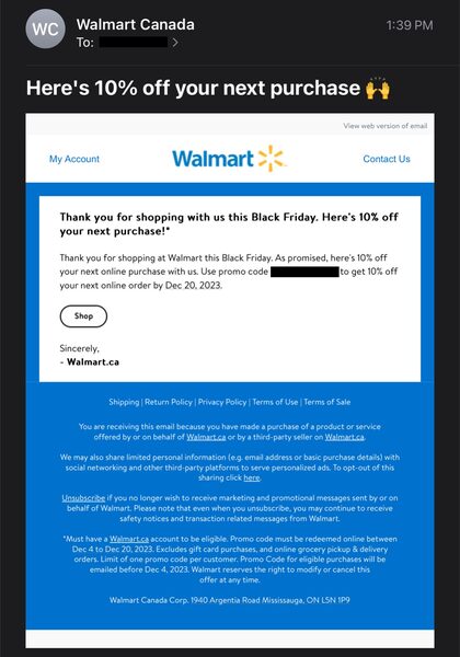 Walmart] [YMMV] 10% Off Next Online Purchase w/ Unique Promo Code -  RedFlagDeals.com Forums