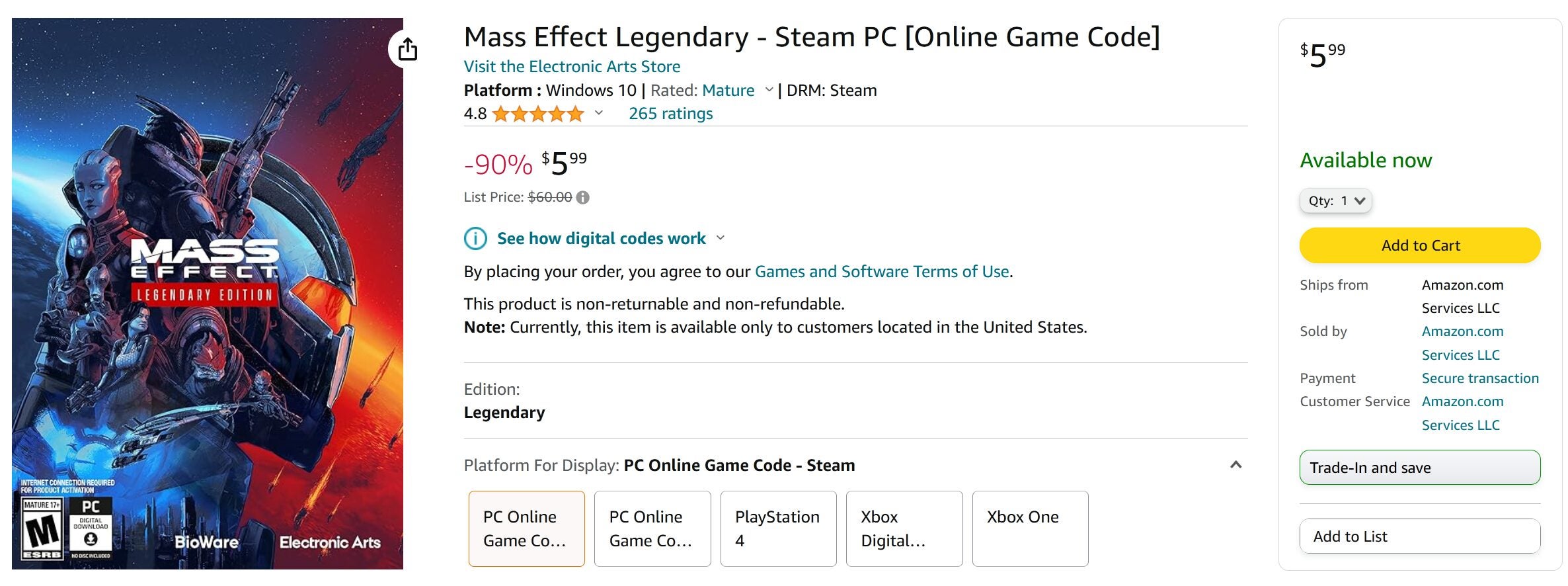 [Amazon.com] Mass Effect Legendary Edition (Steam Key) for USD 5.99 (90 ...