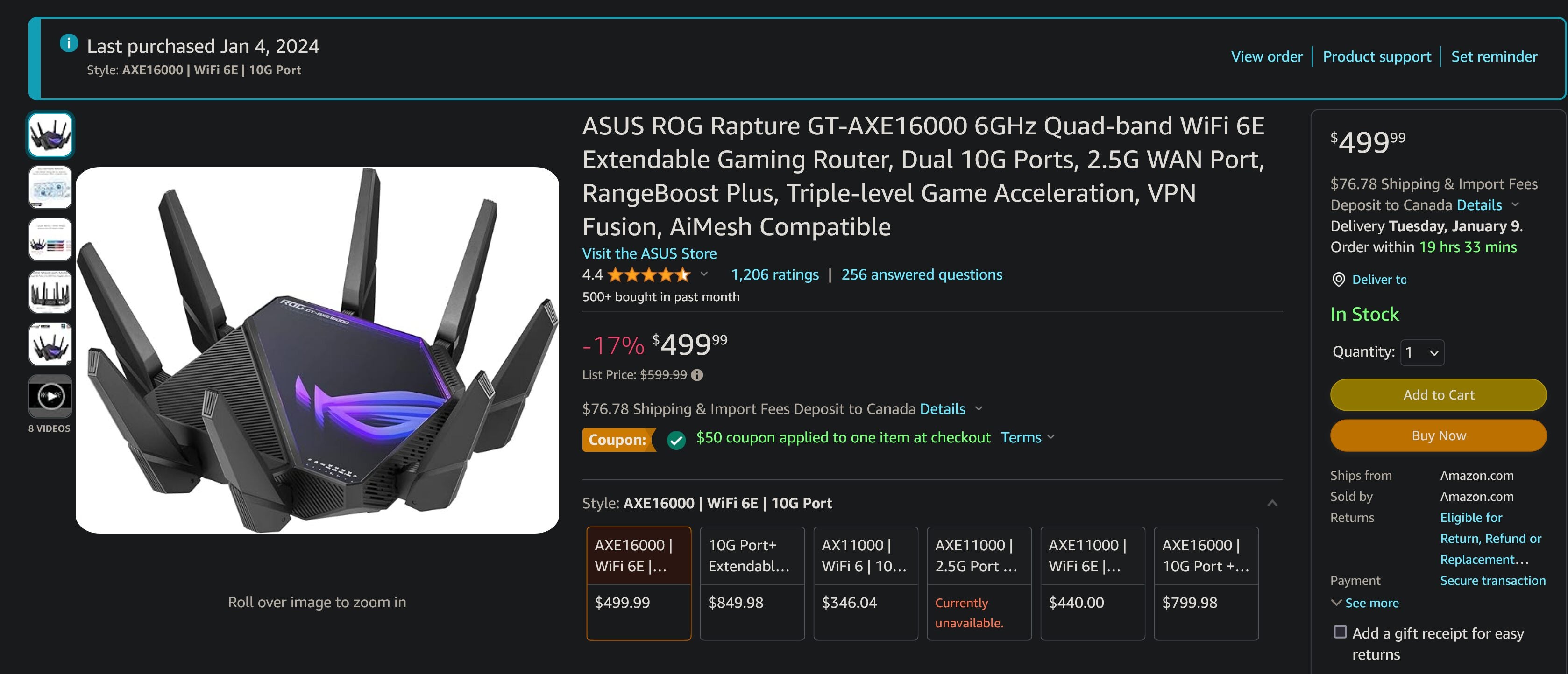 [Amazon.com] Asus AXE16000 ROG 10GB Router $449.99 USD (709 CAD All in ...
