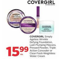 Covergirl Simply Ageless Wrinkle Defying Foundtion, Lash Plumping Mascara, Pressed Powder, Triple Action Concealer or Clean Fresh Weightless Water Cream