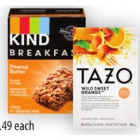 Kind Breakfast or Healthy Grains Granola Bars or Tazo Tea
