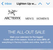 The all out sale extra 20% off everything in factory outlets and online April 25-28