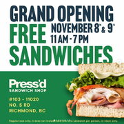 FREE regular-sized sandwich (1 per customer, valid Nov 8-9 11am-7pm in-store only) @ 11020 No. 5 Rd #103, Richmond BC