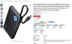 INIU Portable Charger with built in cable, 20W PD QC 10000mAh - $16.19 after Coupon (Black version only)