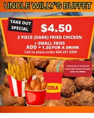 2 pcs fried chicken & small fries ($4.50 | add $1.50 drink); Takeout via phone order only @ 6411 Nelson Ave, Burnaby BC