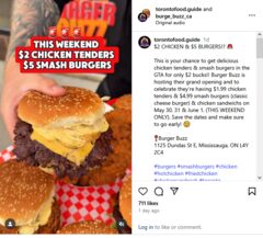 $5 Smash Burger, $2 Chicken Tender at Burger Buzz South East Mississauga Ontario May 30, 31 & June 1