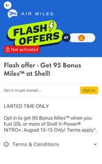 Flash offer - Get 95 Bonus Miles at Shell (Aug 13- Aug 15)