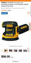 DEWALT 20V MAX XR Lithium-Ion Brushless Cordless 5 inch Random Orbital Sander (Tool Only) — $98.00