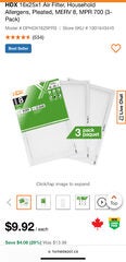HDX 16x25x1 Air Filter, Household Allergens, Pleated, MERV 8, MPR 700 (3-Pack) $9.92