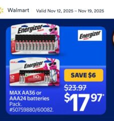 Energizer MAX 36 pack AA or 24 pack AAA $17.97 (reg. $23.97) or 16.17 with PM at HD (November 13-19)