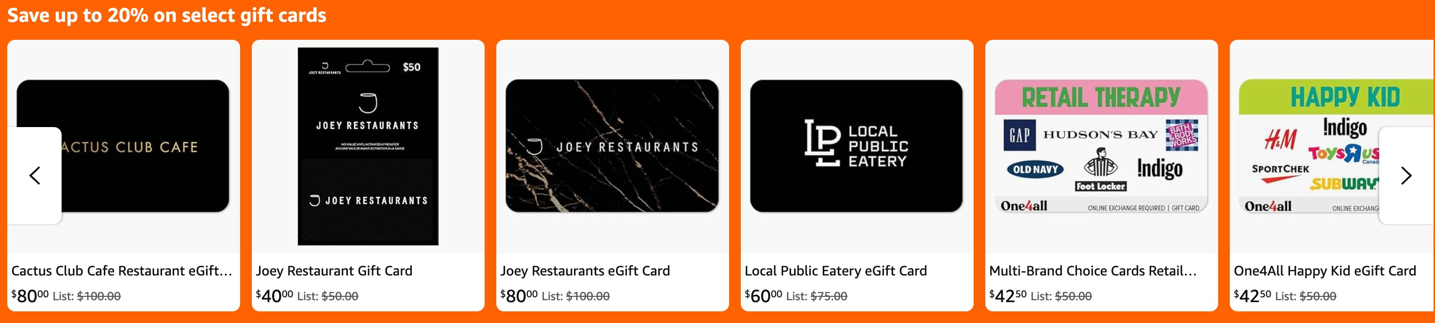 [Amazon.ca] [Black Friday] Amazon - Save up to 20% on select Gift Cards ...