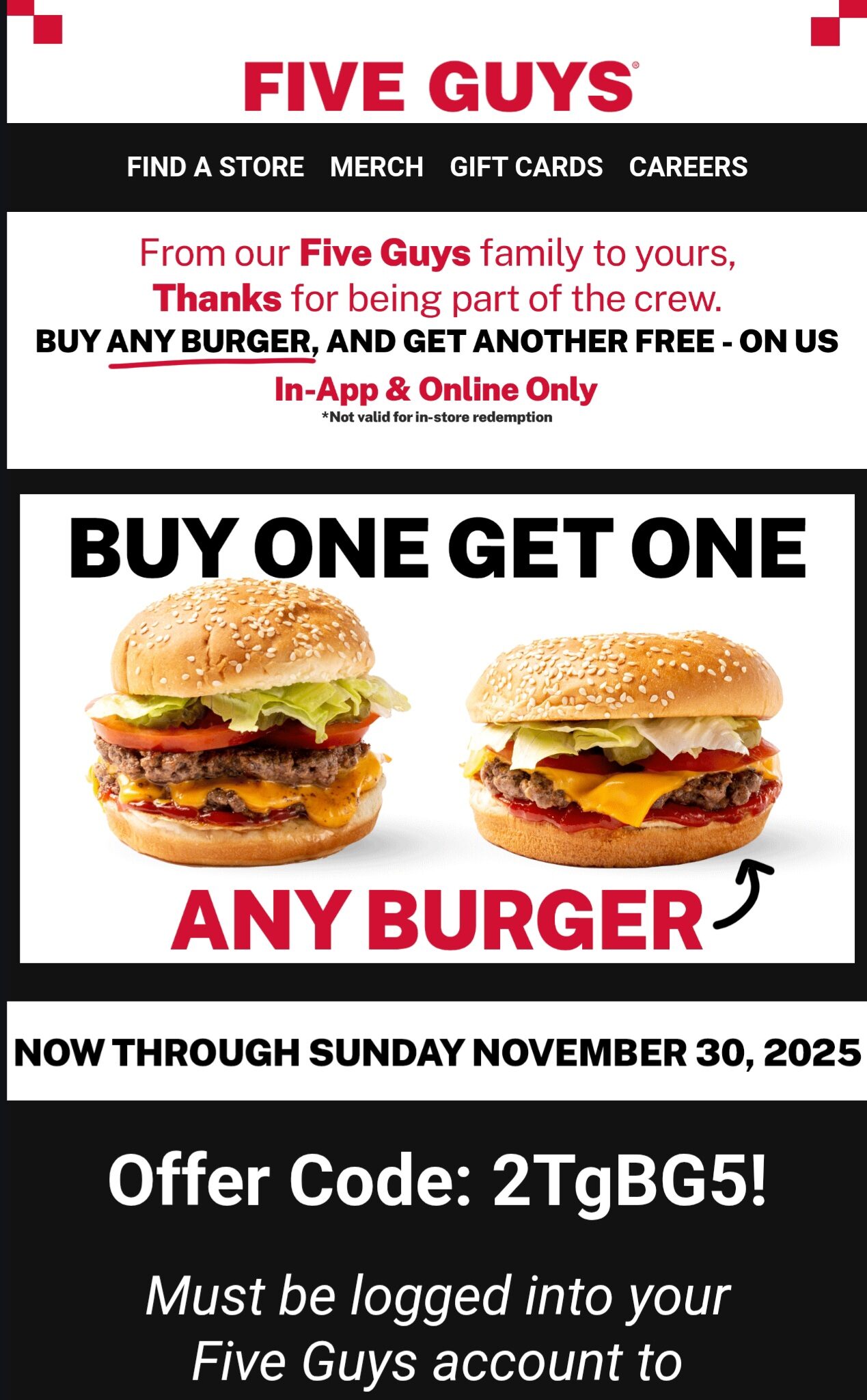 [Black Friday] Five Guys: Buy Any Burger, Get One Free (Online/App Only ...