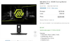Costco: $229.99 MSI MAG 27 in. WQHD Gaming Monitor (2560 x 1440) Rapid IPS 300 Hz 0.5 ms