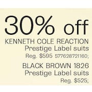 Kenneth Cole Reaction or Black Brown 1826 Prestuge Label Suits - 30% off