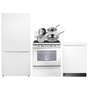 Insignia 30" Bottom Freezer Refrigerator; Dishwasher; Electric Range; Cookware Package - White