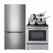 Insignia 30" 18.6 Cu. Ft. Bottom Freezer Refrigerator; Electric Range; Cookware Package - Stainless